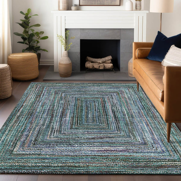 HomeRoots 5' Teal Blue Brown Ivory Geometric Indoor Outdoor Area Rug - Stylish, Washable & Durable Design! 618950