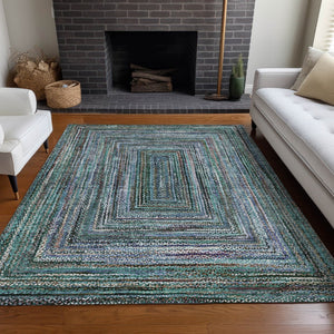 HomeRoots 5' Teal Blue Brown Ivory Geometric Indoor Outdoor Area Rug - Stylish, Washable & Durable Design! 618950