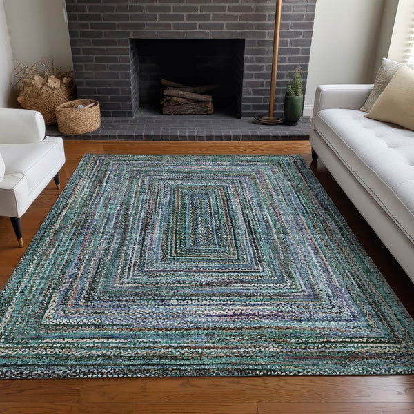 HomeRoots 5' Teal Blue Brown Ivory Geometric Indoor Outdoor Area Rug - Stylish, Washable & Durable Design! 618950