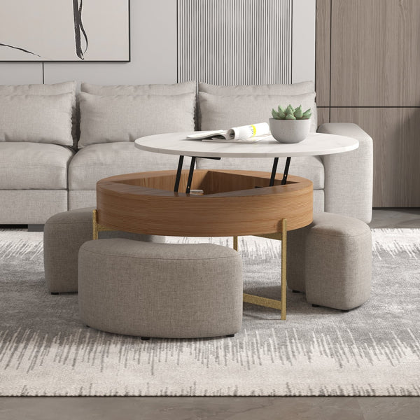 English Elm Vita Modern 31.5" Round Lift-Top Coffee Table Set with Iron Legs and Storage Shelves, Stylish Brown B341S00044