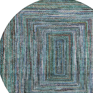 HomeRoots 8' Teal Blue Brown Ivory Round Geometric Rug - Stylish, Washable, Stain-Resistant for Indoors & Outdoors 618951