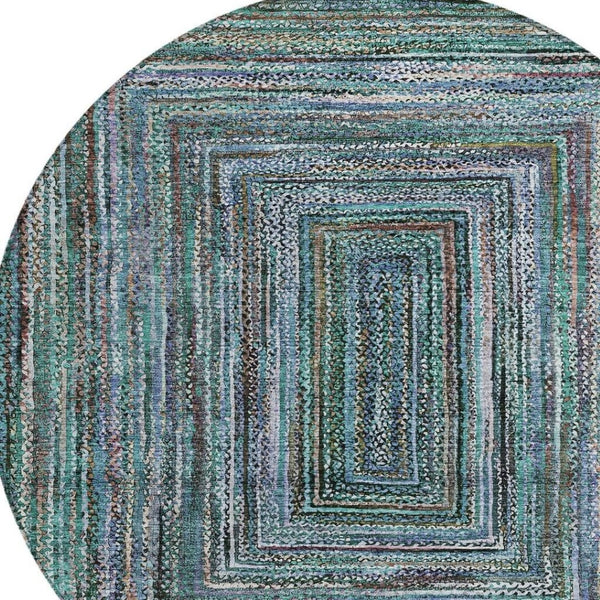 HomeRoots 8' Teal Blue Brown Ivory Round Geometric Rug - Stylish, Washable, Stain-Resistant for Indoors & Outdoors 618951