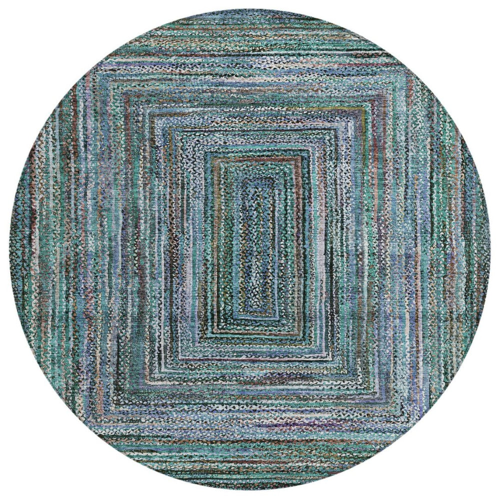 HomeRoots 8' Teal Blue Brown Ivory Round Geometric Rug - Stylish, Washable, Stain-Resistant for Indoors & Outdoors 618951