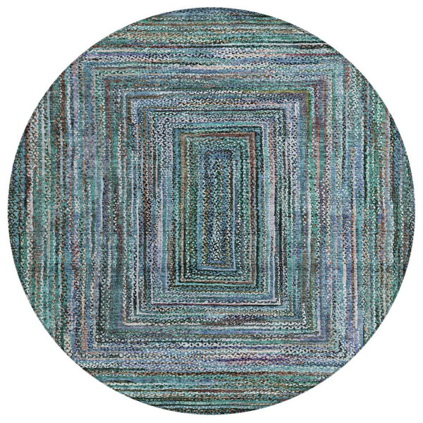 HomeRoots 8' Teal Blue Brown Ivory Round Geometric Rug - Stylish, Washable, Stain-Resistant for Indoors & Outdoors 618951