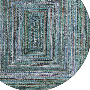 HomeRoots 8' Teal Blue Brown Ivory Round Geometric Rug - Stylish, Washable, Stain-Resistant for Indoors & Outdoors 618951