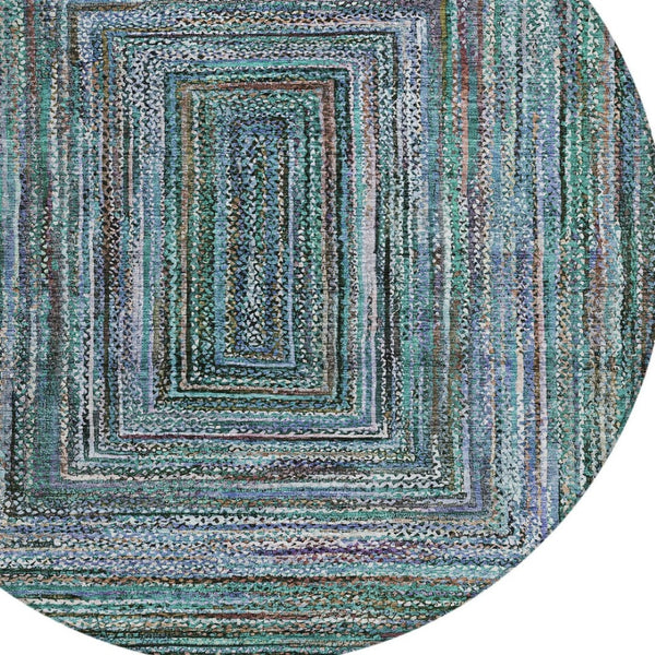 HomeRoots 8' Teal Blue Brown Ivory Round Geometric Rug - Stylish, Washable, Stain-Resistant for Indoors & Outdoors 618951