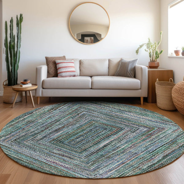 HomeRoots 8' Teal Blue Brown Ivory Round Geometric Rug - Stylish, Washable, Stain-Resistant for Indoors & Outdoors 618951