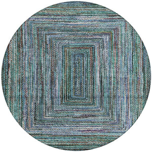 HomeRoots 8' Teal Blue Brown Ivory Round Geometric Rug - Stylish, Washable, Stain-Resistant for Indoors & Outdoors 618951