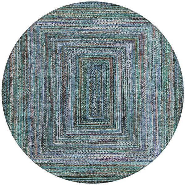 HomeRoots 8' Teal Blue Brown Ivory Round Geometric Rug - Stylish, Washable, Stain-Resistant for Indoors & Outdoors 618951