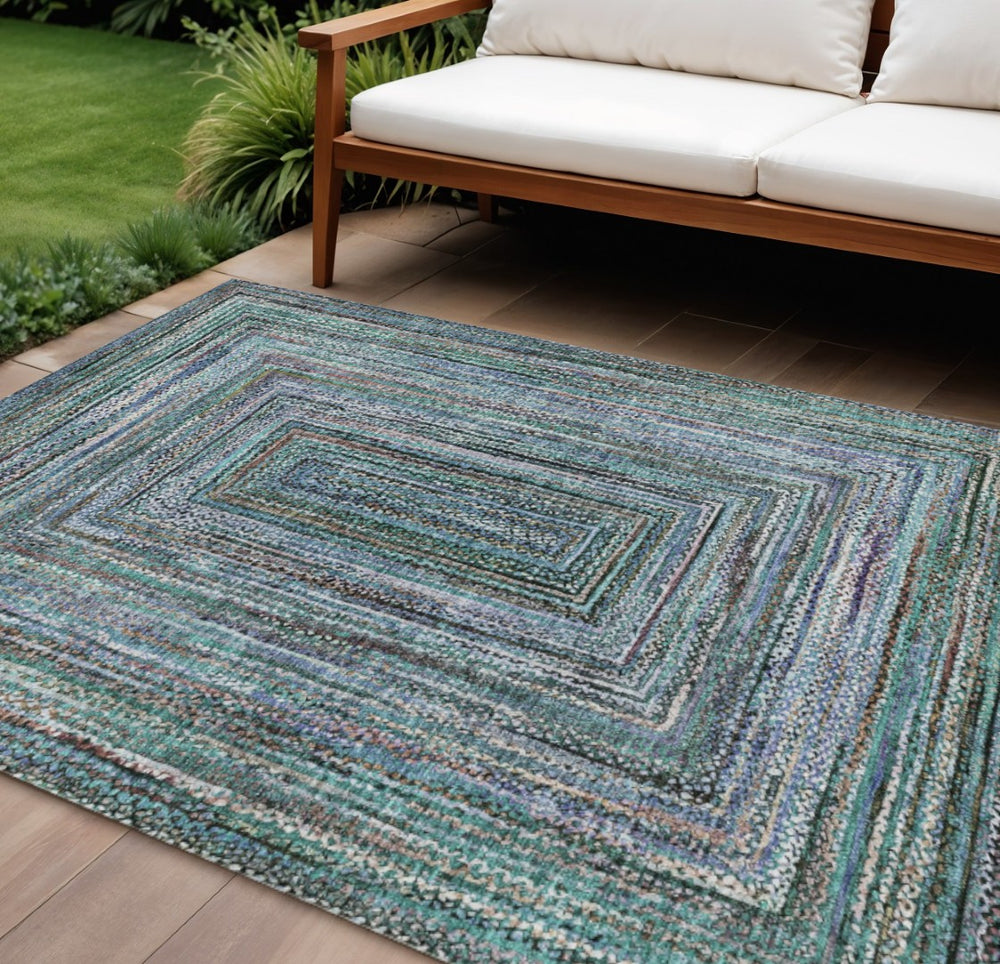 HomeRoots 9' X 12' Teal Blue Brown Geometric Area Rug - Washable Design for Indoor & Outdoor Versatility 618953
