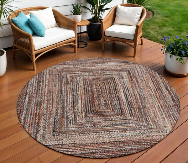 HomeRoots 8' Round Geometric Indoor-Outdoor Area Rug in Terra Cotta & Copper – Durable, Washable & Stylish! 618957