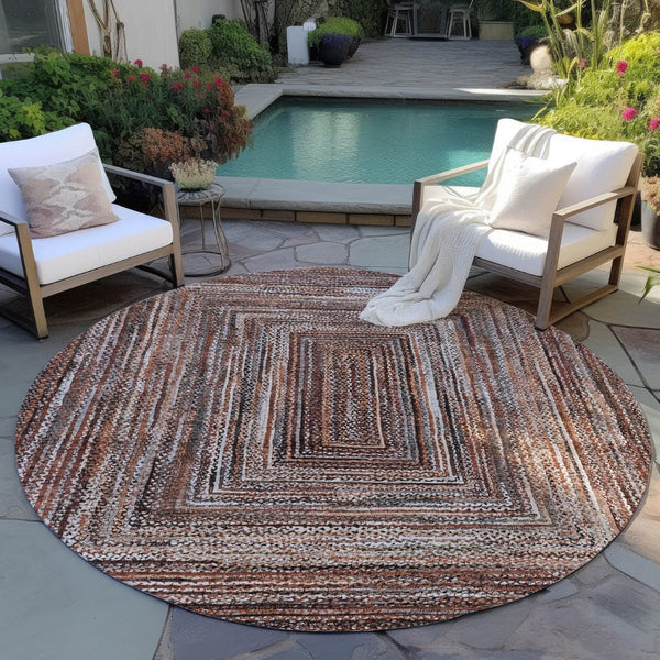 HomeRoots 8' Round Geometric Indoor-Outdoor Area Rug in Terra Cotta & Copper – Durable, Washable & Stylish! 618957