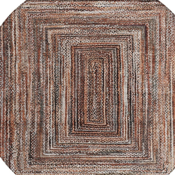 HomeRoots 8' Round Geometric Indoor-Outdoor Area Rug in Terra Cotta & Copper – Durable, Washable & Stylish! 618957