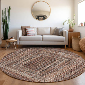 HomeRoots 8' Round Geometric Indoor-Outdoor Area Rug in Terra Cotta & Copper – Durable, Washable & Stylish! 618957