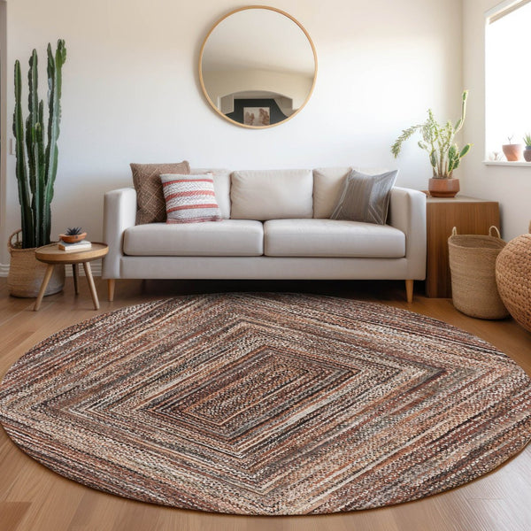 HomeRoots 8' Round Geometric Indoor-Outdoor Area Rug in Terra Cotta & Copper – Durable, Washable & Stylish! 618957
