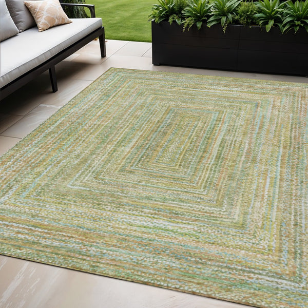 HomeRoots 5' Geometric Artichoke Green, Gold & Blue Washable Area Rug for Indoor/Outdoor High-Traffic Spaces 618962