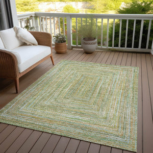 HomeRoots 5' Geometric Artichoke Green, Gold & Blue Washable Area Rug for Indoor/Outdoor High-Traffic Spaces 618962