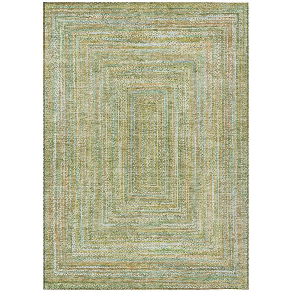 HomeRoots 5' Geometric Artichoke Green, Gold & Blue Washable Area Rug for Indoor/Outdoor High-Traffic Spaces 618962
