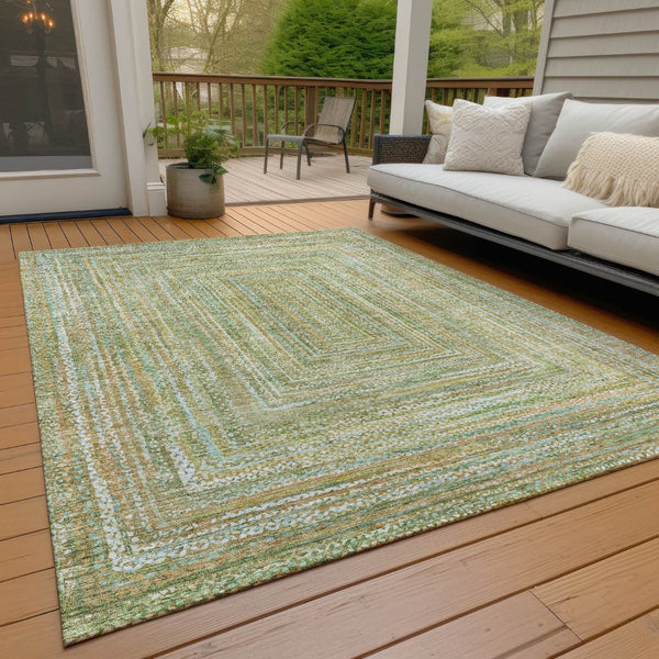 HomeRoots 5' Geometric Artichoke Green, Gold & Blue Washable Area Rug for Indoor/Outdoor High-Traffic Spaces 618962