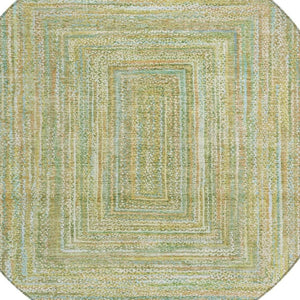 HomeRoots 8' Round Artichoke Green, Gold & Blue Geometric Area Rug - Washable, Durable for Indoor/Outdoor Use 618963