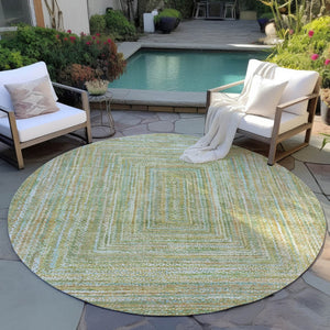 HomeRoots 8' Round Artichoke Green, Gold & Blue Geometric Area Rug - Washable, Durable for Indoor/Outdoor Use 618963