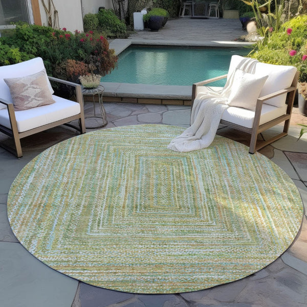 HomeRoots 8' Round Artichoke Green, Gold & Blue Geometric Area Rug - Washable, Durable for Indoor/Outdoor Use 618963