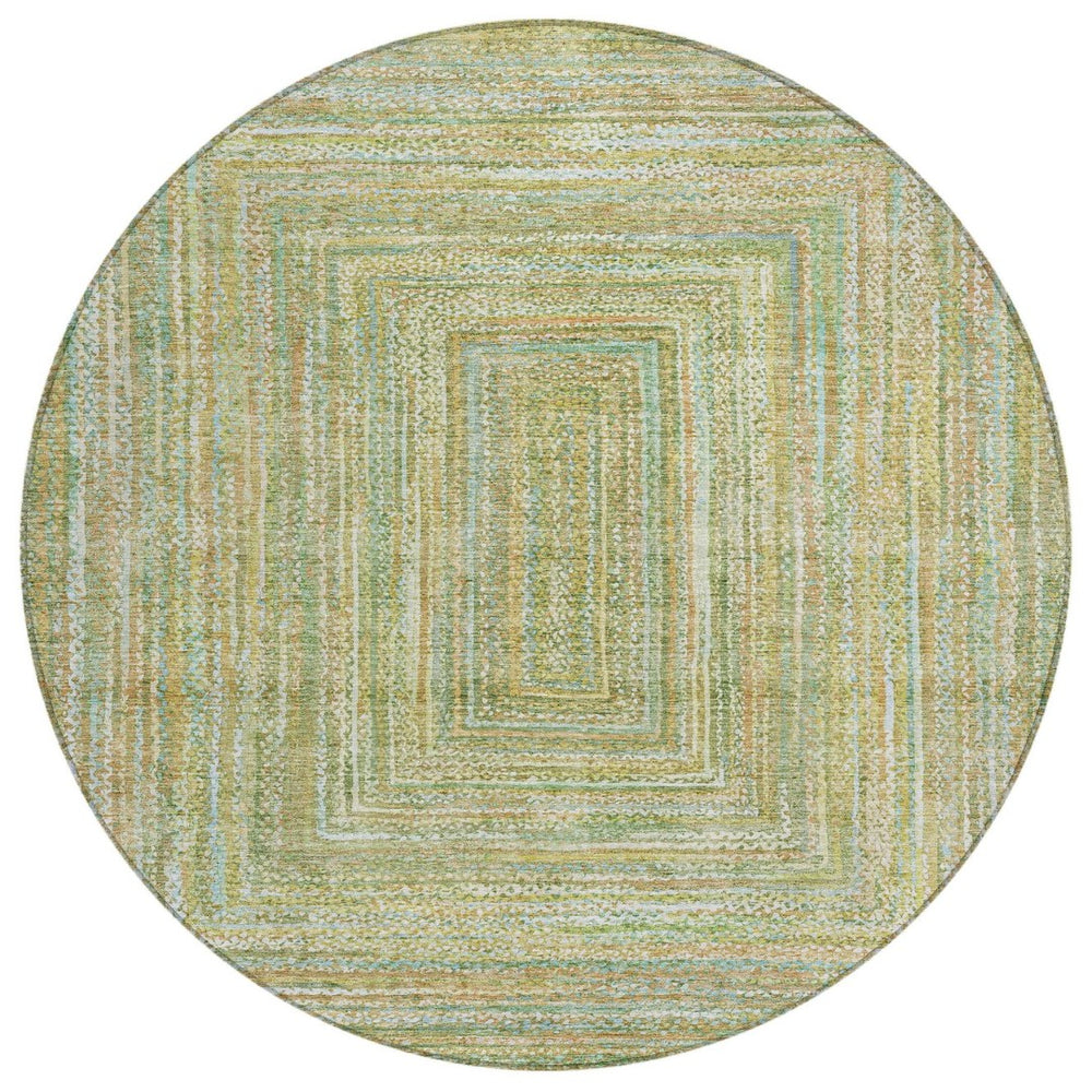 HomeRoots 8' Round Artichoke Green, Gold & Blue Geometric Area Rug - Washable, Durable for Indoor/Outdoor Use 618963