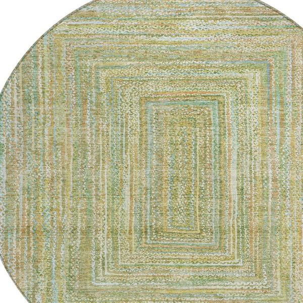 HomeRoots 8' Round Artichoke Green, Gold & Blue Geometric Area Rug - Washable, Durable for Indoor/Outdoor Use 618963