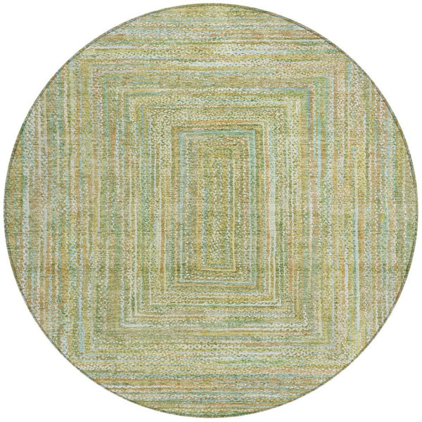 HomeRoots 8' Round Artichoke Green, Gold & Blue Geometric Area Rug - Washable, Durable for Indoor/Outdoor Use 618963