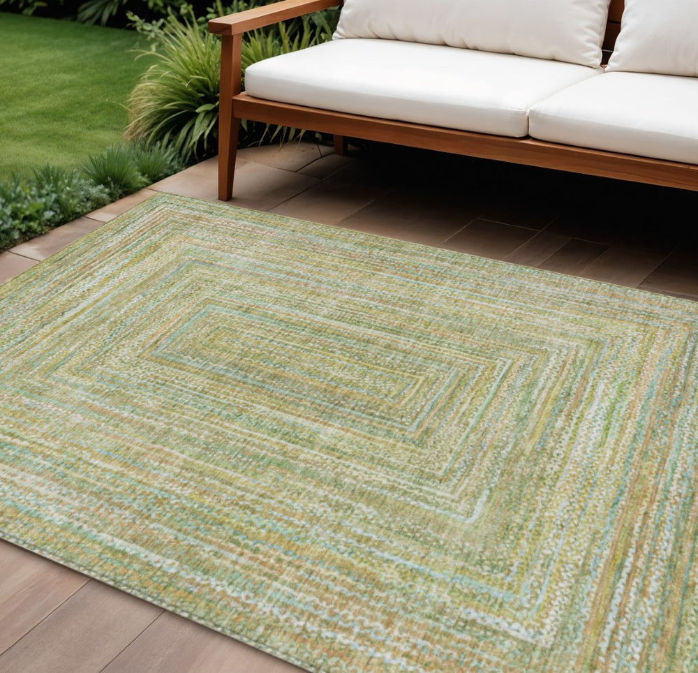 HomeRoots 8' Geometric Artichoke Green, Gold & Blue Washable Area Rug – Indoor/Outdoor, Durable & Stylish! 618964