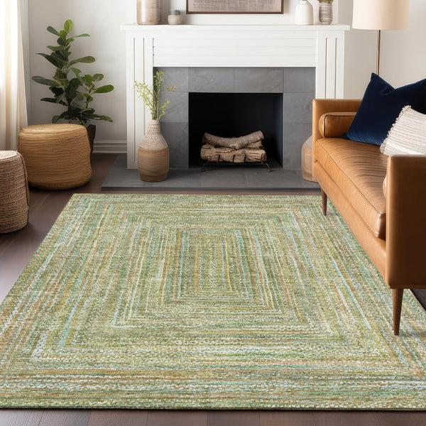 HomeRoots 9' X 12' Artichoke Green, Gold & Blue Geometric Washable Rug - Stylish, Durable for Indoor/Outdoor Use 618965