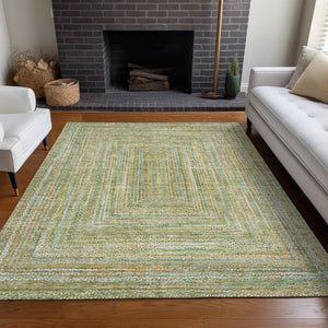 HomeRoots 9' X 12' Artichoke Green, Gold & Blue Geometric Washable Rug - Stylish, Durable for Indoor/Outdoor Use 618965