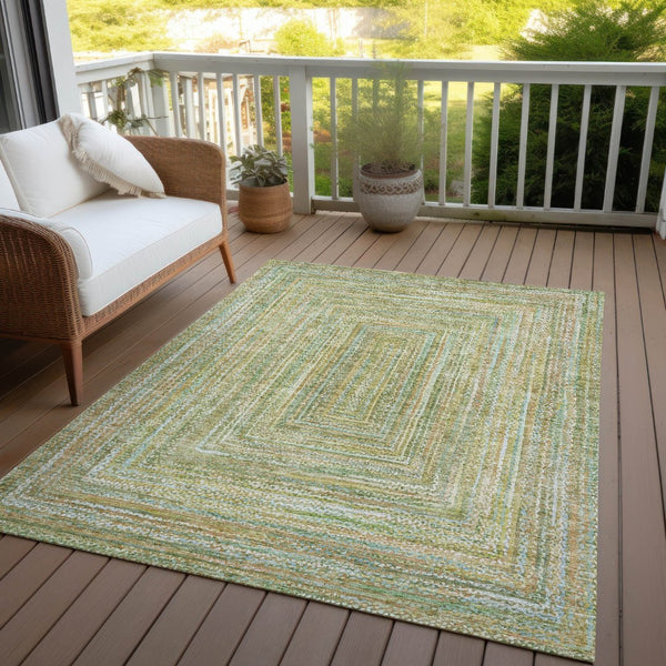 HomeRoots 10' Geometric Washable Area Rug in Artichoke Green, Gold & Blue – Versatile Indoor/Outdoor Comfort! 618966