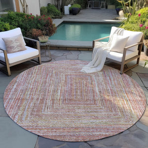 HomeRoots 8' Stylish Round Geometric Area Rug in Rust Mauve and Coral - Durable, Washable for Indoors & Outdoors 618969