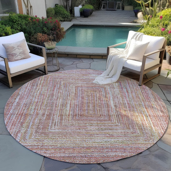 HomeRoots 8' Stylish Round Geometric Area Rug in Rust Mauve and Coral - Durable, Washable for Indoors & Outdoors 618969
