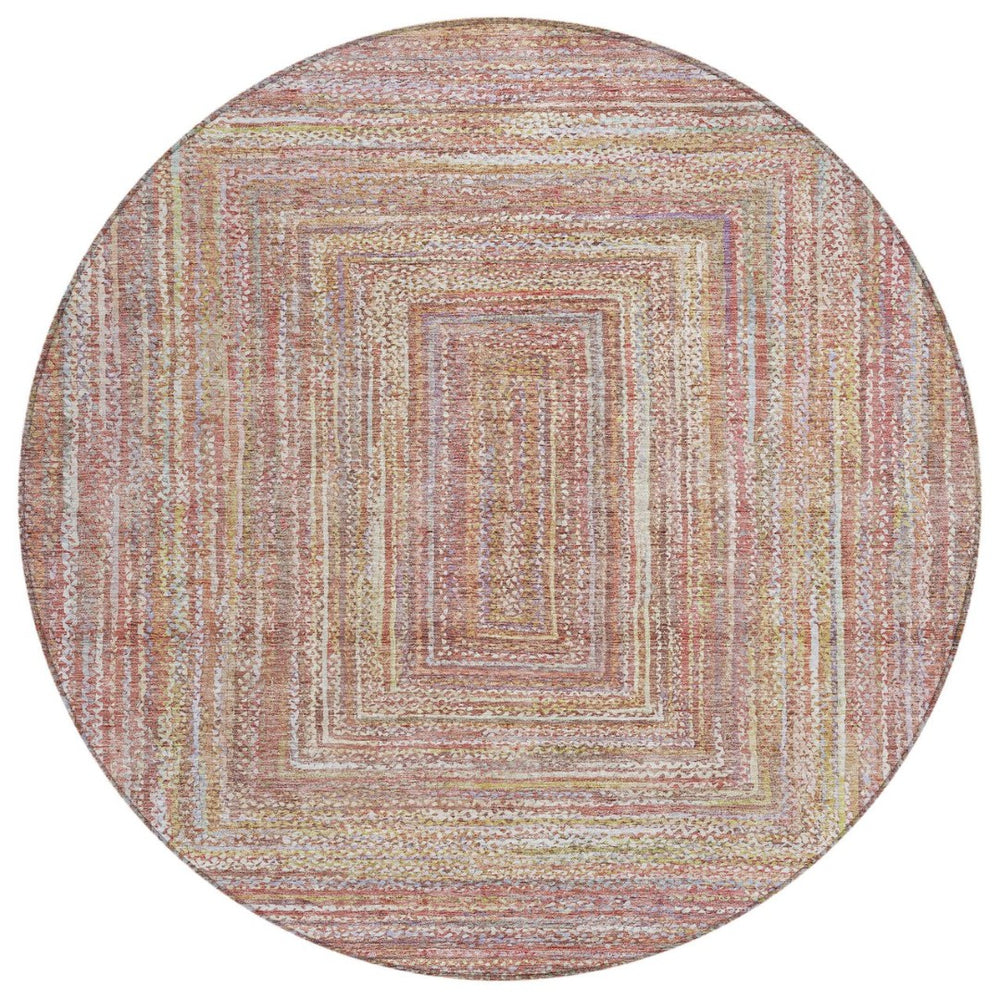 HomeRoots 8' Stylish Round Geometric Area Rug in Rust Mauve and Coral - Durable, Washable for Indoors & Outdoors 618969