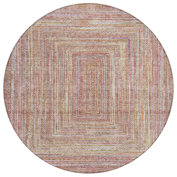 HomeRoots 8' Stylish Round Geometric Area Rug in Rust Mauve and Coral - Durable, Washable for Indoors & Outdoors 618969