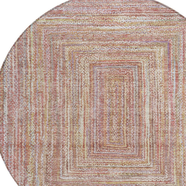HomeRoots 8' Stylish Round Geometric Area Rug in Rust Mauve and Coral - Durable, Washable for Indoors & Outdoors 618969