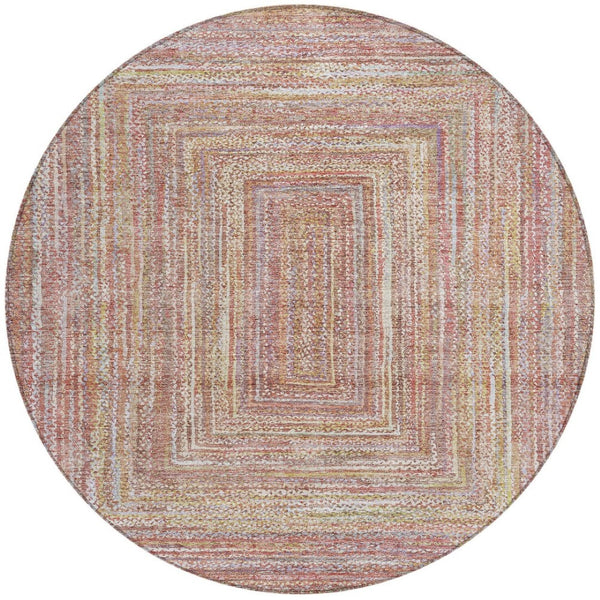 HomeRoots 8' Stylish Round Geometric Area Rug in Rust Mauve and Coral - Durable, Washable for Indoors & Outdoors 618969