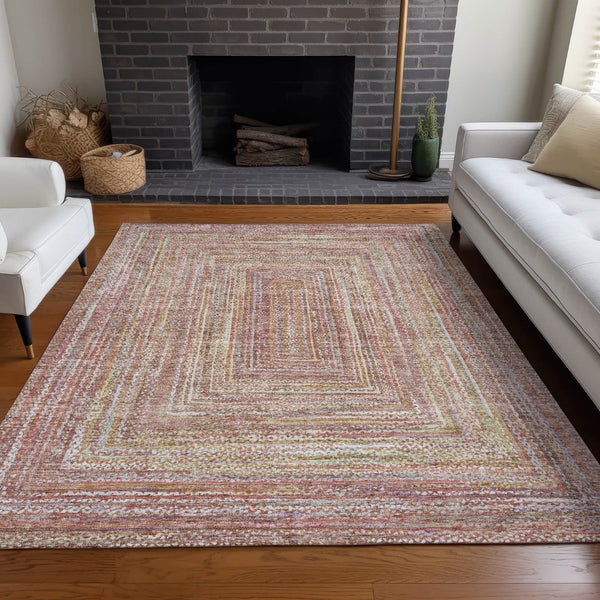 HomeRoots 9' X 12' Stylish Rust Mauve Coral Geometric Washable Rug for Indoor & Outdoor Living Spaces 618971
