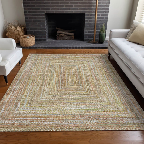 HomeRoots 8' X 10' Tan Beige and Gold Geometric Area Rug - Stylish, Washable, Durable for Indoor & Outdoor Use 618976