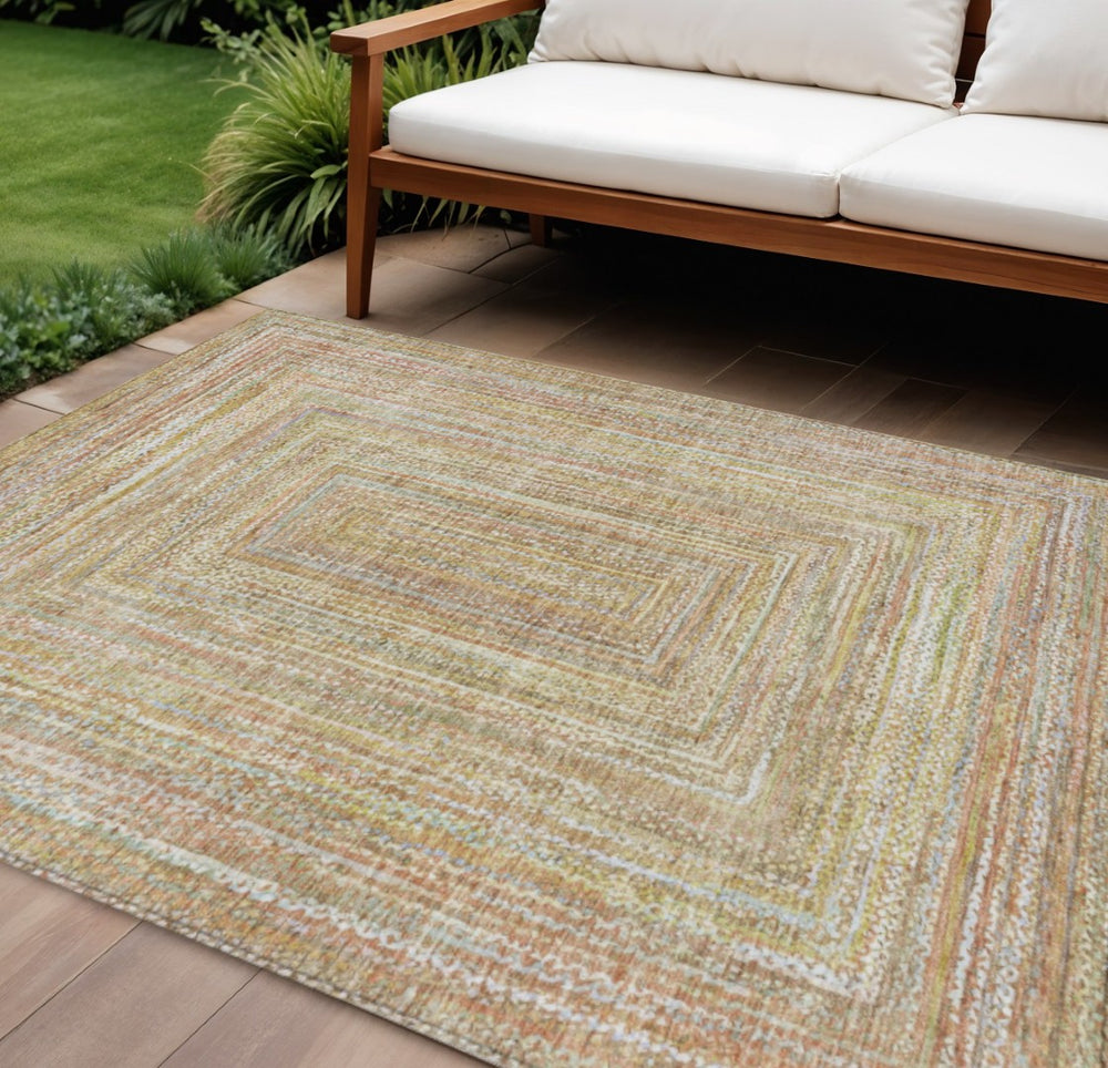 HomeRoots 9' X 12' Tan Beige Gold Geometric Washable Area Rug - Stylish, Durable, Indoor & Outdoor Versatility 618977