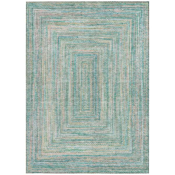 HomeRoots 5' Stylish Teal Blue Beige Geometric Washable Indoor Outdoor Area Rug - Durable, Easy to Clean! 618980