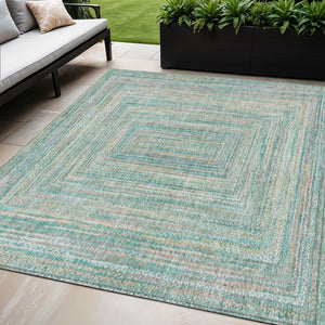 HomeRoots 5' Stylish Teal Blue Beige Geometric Washable Indoor Outdoor Area Rug - Durable, Easy to Clean! 618980