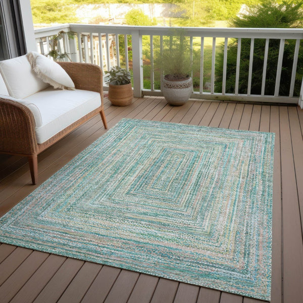 HomeRoots 5' Stylish Teal Blue Beige Geometric Washable Indoor Outdoor Area Rug - Durable, Easy to Clean! 618980