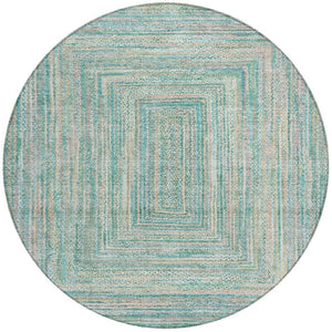 HomeRoots 8' Teal Blue Beige and Ivory Round Geometric Washable Area Rug for Indoor & Outdoor Living Spaces 618981