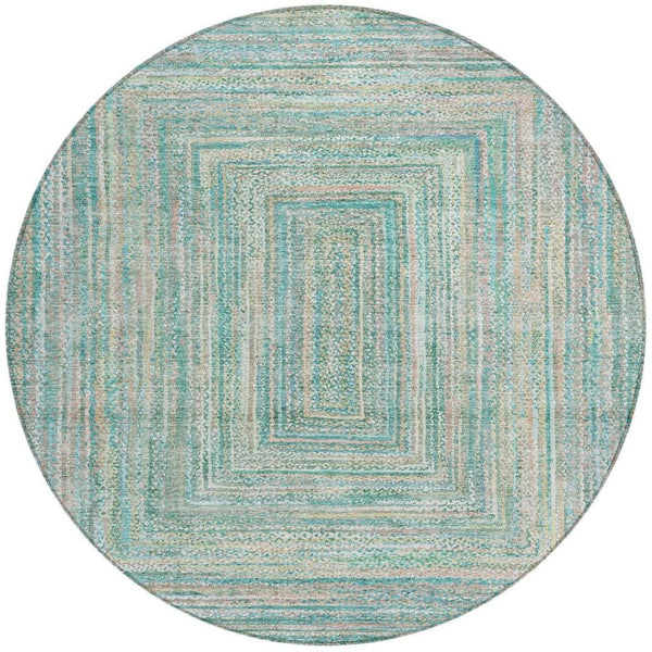 HomeRoots 8' Teal Blue Beige and Ivory Round Geometric Washable Area Rug for Indoor & Outdoor Living Spaces 618981