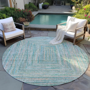 HomeRoots 8' Teal Blue Beige and Ivory Round Geometric Washable Area Rug for Indoor & Outdoor Living Spaces 618981