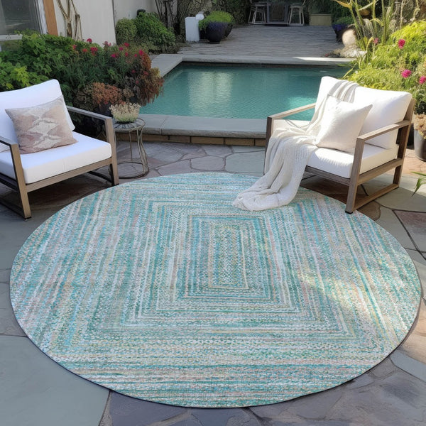HomeRoots 8' Teal Blue Beige and Ivory Round Geometric Washable Area Rug for Indoor & Outdoor Living Spaces 618981