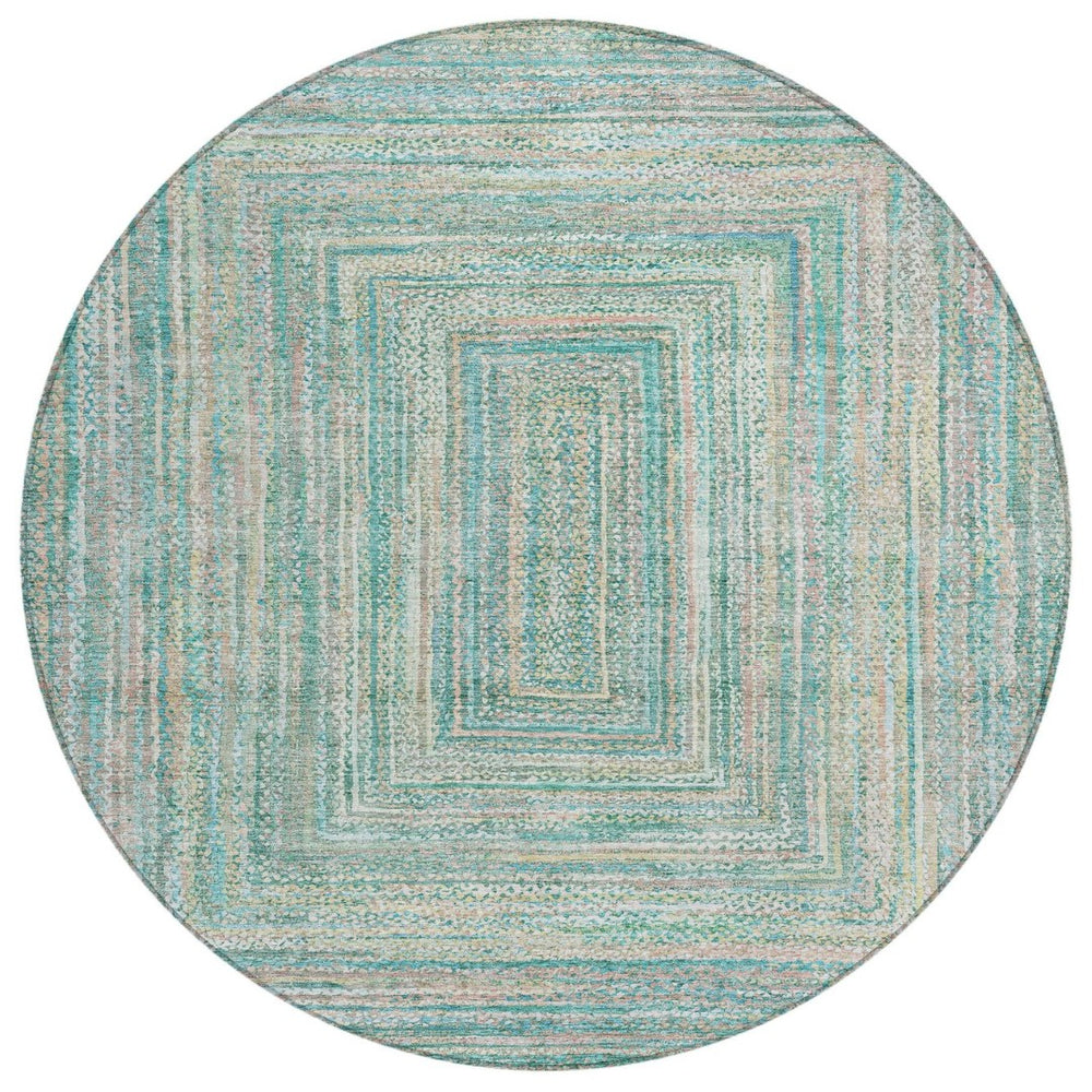 HomeRoots 8' Teal Blue Beige and Ivory Round Geometric Washable Area Rug for Indoor & Outdoor Living Spaces 618981